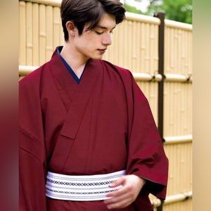 Men Classic Red Yukata Kimono Robe with Obi Belt